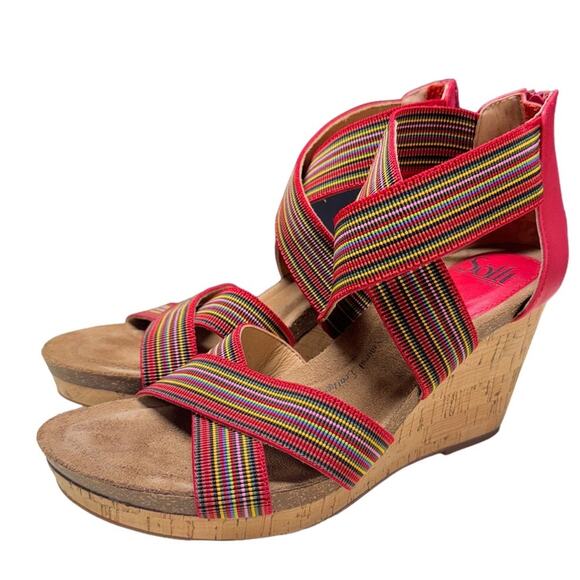 Sofft Cary Leather Strappy Red Rainbow Striped Cork Wedge Sandal Women 9 - Picture 1 of 7